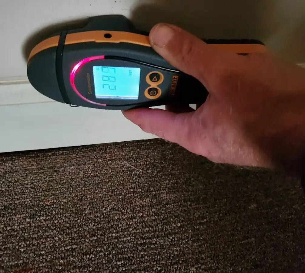 Moisture detection at baseboard during Storm Damage Restoration in Carlsbad